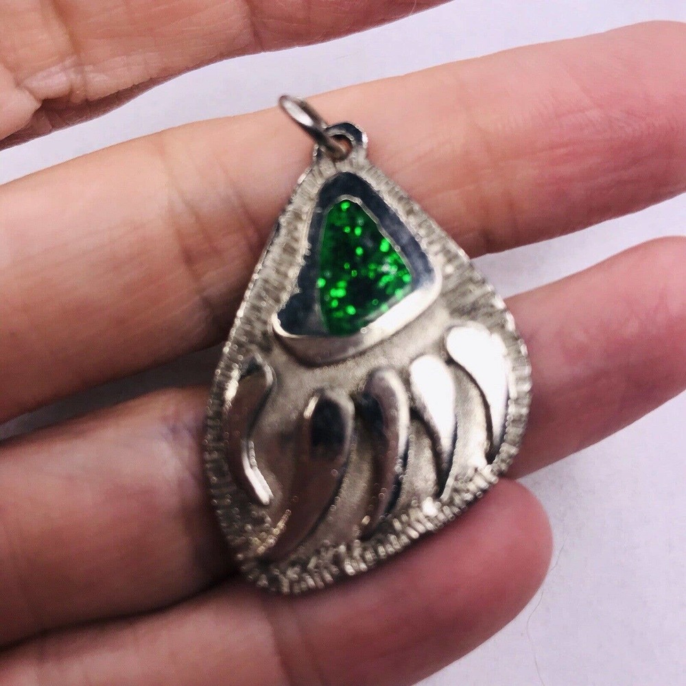 Bear Claw Charm Stamped PSC 966 Green Sparkle Silver Tone Pendant